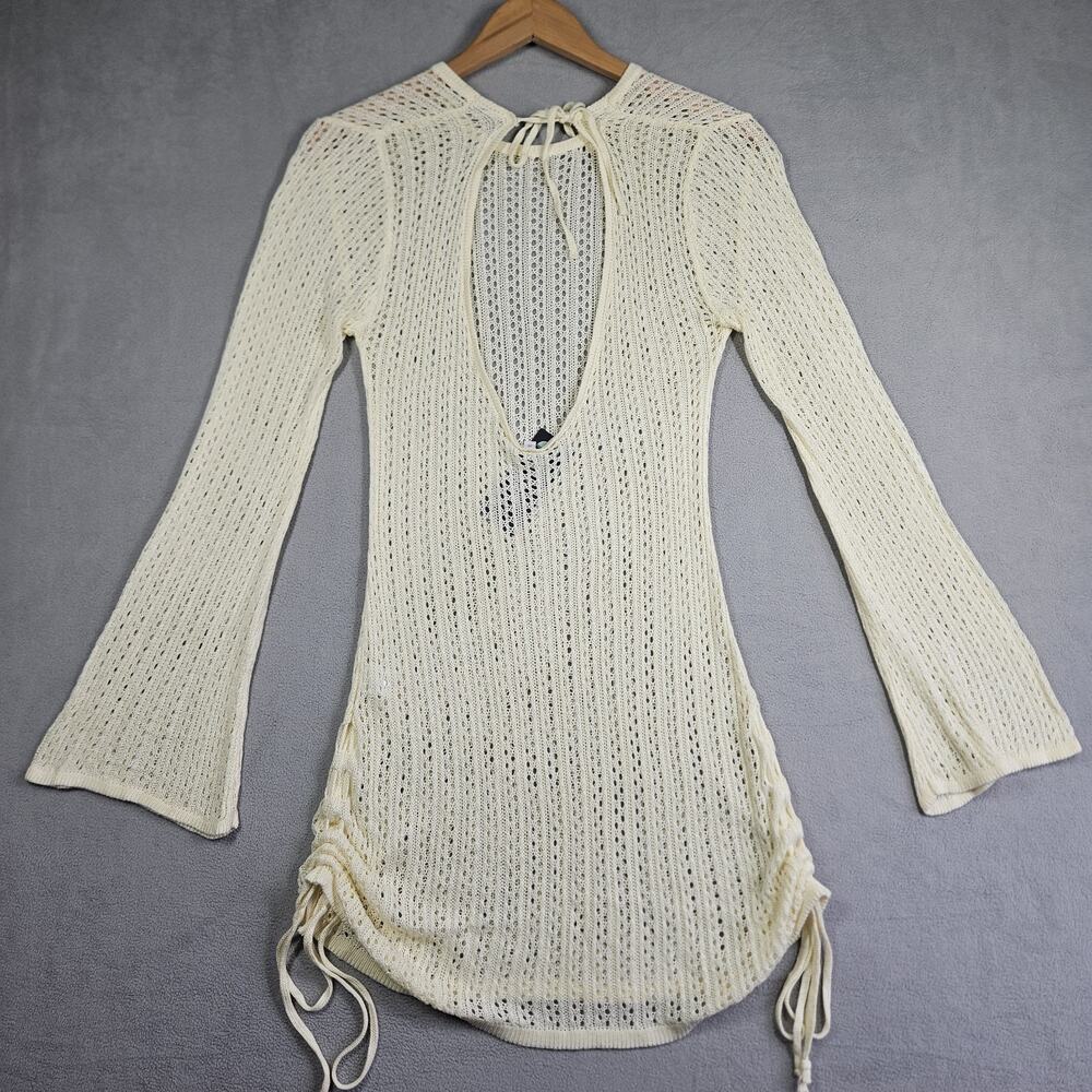 Crochet Cover Up Dress Women Medium Bell Sleeve Cinch Sides Open Knit Beige Swim - Picture 8 of 14
